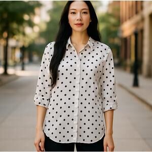 Polk Dot Blouse Top SZ M 3/4 Sleeve Button Down Cottage Core American Sweetheart